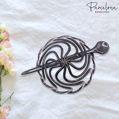 Parcelona French Swirls Large 3.5" Cellulose Acetate Bun Cover with Stick Ponytail Chignon Durable Fashion Women Hair Accessories Non Slip Hair Clip for Girls, Made in France(Black)