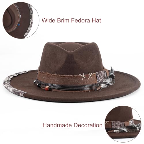 Womens Boho Fedora Hat Wide Brim Fedora Mens Handmade Flat Brim Hats - color: Brown