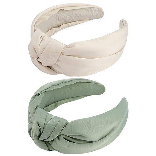 VELSCRUN White, Green 2 Pack Women's Satin Knotted Wide Non-Slip Elastic Turban Fashion Headbands for Hair Styling Accessories - color: Beige,Green