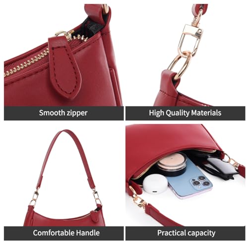 Shoulder Bag for Women with 2 Removable Straps and Zipper Closure Crossbody Bags Clutch Tote HandBags Purses | with 2 Removable Straps - color: Red