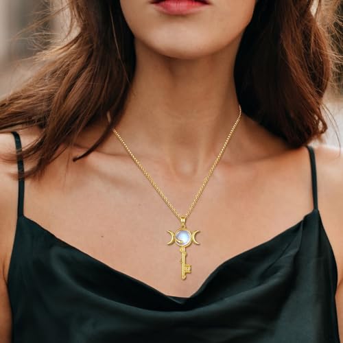 INFUSEU Mystical Hecate Triple Moon Goddess Necklaces, Divine Feminine Protection Gifts - style: Moonstone Hecate Key - Gold