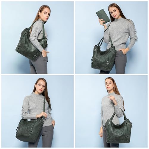 Tote Bag for Women PU Leather Shoulder Bags Fashion Hobo Bags Large Purse and Handbags with Adjustable Shoulder Strap - color: Dark Green Flower