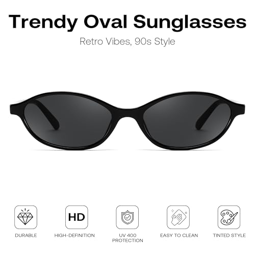 FEISEDY Retro Oval Sunglasses for Women Cat Eye 90s Lightweight Narrow Shades Trendy Sun Glasses B4196 - color: Black