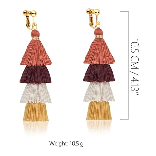 Clip on Earrings, Lightweight Colorful Layered Tassel Bohemian Statement Tiered Big Dangle Drop Earrings for Women, Non Pierced, Boho Jewelry - color: Maroon
