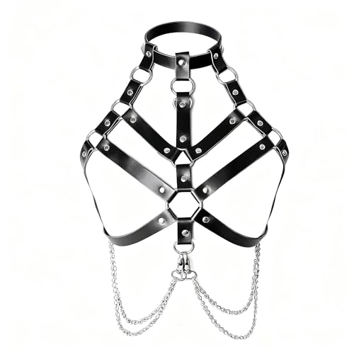 Black Leather Harness for Women, Punk Body Chest Harness with Chains, Adjustable Strappy Cage Bra Top for Rave Festival Clubwear - style: Punk
