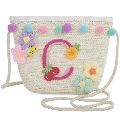 Letter Small Woven Straw Summer Beach Tote Bag for Women 2025,Woven Straw Beach Purse Shoulder Crossbody Bag for Women 2025 - color: White C