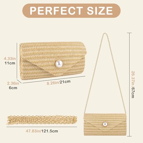 PACETAP Straw Clutch Purse for Women, Pearl Decoration Boho Crossbody Bags Handbags for Beach Travel Vacation Party Prom - color: Straw Primary Color