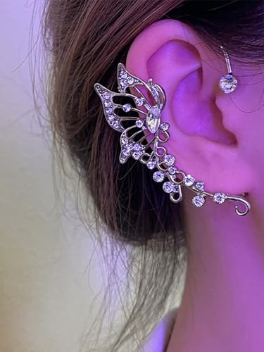 2Pcs Rhinestone Butterfly Earrings Ear Cuffs Non-Pierced Fake Earrings Butterfly Climber Wrap Around Earring Dainty Adjustable Ear Clip Jewelry for Women - color: Style3-silver