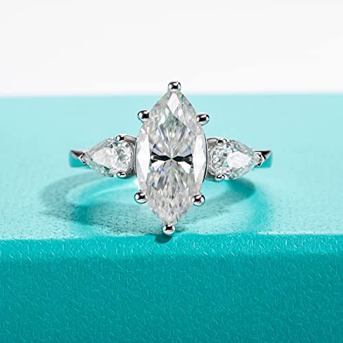 AnuClub Round/Emerald/Marquise Cut Moissanite 3 Stones Engagement Rings D Color VVS1 Round Cut 925 Sterling Silver Anniversary Wedding Promise Rings for Women - color: 3.5cttw Marquise Cut