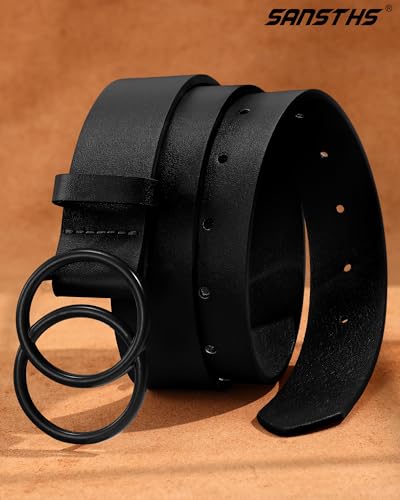 SANSTHS Womens Leather Belt for Jeans Pants Fashion Waist Belts Gold Silver Double Ring Buckle - color: Black-black Buckle, size: Fits Waist 30-35 inch