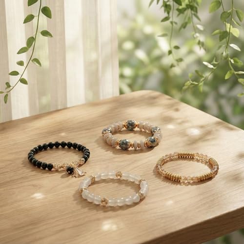 Bohemian Bracelet Sets for Women - 4-Pack Stackable Stretch Bead Bracelets with Black＆White Crystal & Gold Accessories, Multi-Layer Boho Jewelry - color: black