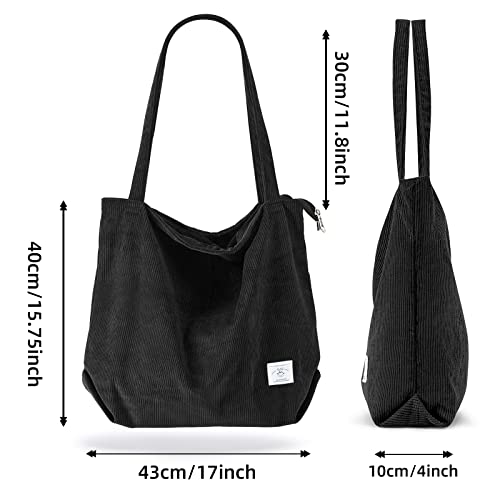 KALIDI Women Corduroy Tote Bag Zipper Casual Tote's Handbag Big Capacity Shoulder Bag with Pockets - color: 1 Black 1 White