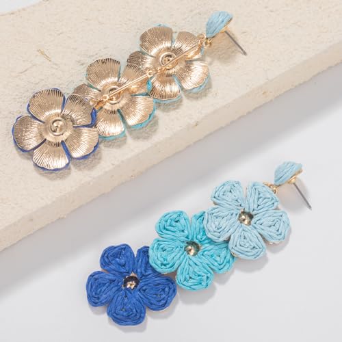 Boho Flower Earrings Statement Raffia Dangle Earrings Cute Floral Jewelry Trendy Summer Beach Vacation Outfits for Women - color: Blue-2