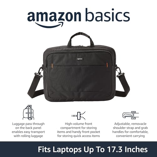 Amazon Basics Laptop Shoulder Bag with Compartments, 17.3-inch, Black, Large Capacity, Fits Dell, HP, ASUS, Lenovo, MacBook Pro and more - size: 17.3 Inch, style: 1-pack