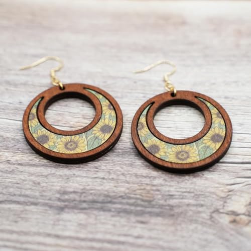 Boho Teardrop Earrings, Handmade Copper Bohemian Earrings, Dangle Antique Ethnic Jewelry for Women - color: Wood Sunflower