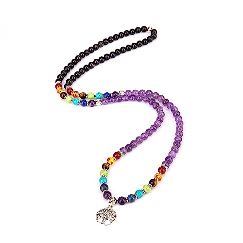 108 Mala Beads Necklace 7 Chakra Buddhist Prayer Beaded Bracelet Tree of Life Pendant Stone Yoga Necklace - color: Amethyst-Obsidian