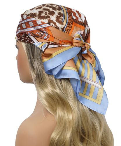 CHUNG Women's Scarf Hair Bandanas Square 27.5" Satin Wrap Fashion Pattern Scarves Emulation Silk Handbag Ribbons Necktie - color: Orange/Yellow Check-8#