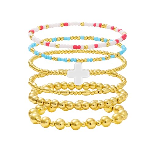 Gold Beaded Bracelets for Women: 14K Gold Bracelets for Women Trendy Dainty Gold Ball Bracelet Stack for Womens - Boho Stretch Bracelets Jewelry Sets with Cross Fashion Accessories Gifts for Women - style: Pure Cross