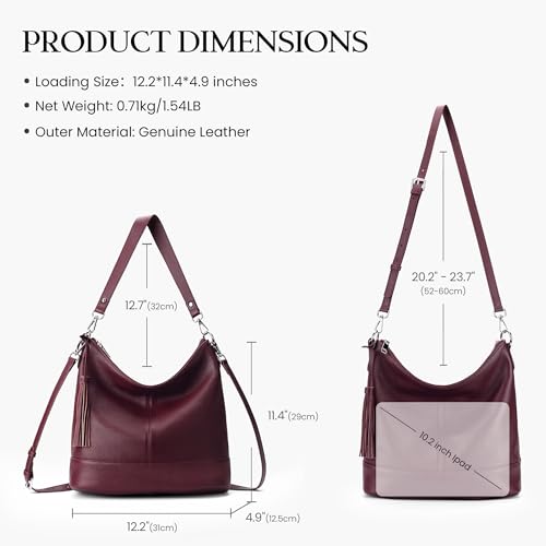 Genuine Leather Hobo Crossbody Bag for Women, Soft Real Leather Bucket, Shoulder Handbag Purse with 2 Removable Strap - color: Burgundy