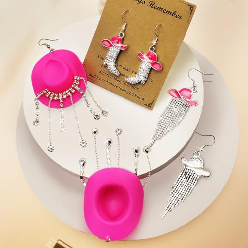 RechicGu 3 Pairs Western Cowgirl Cowboy Hat Earrings Set Silver Symmetric Boots Sparkly Rhinestone Tassels Drop Dangle Rural Culture Earrings Set For Women - color: Silver Boots,Rose Red Hat