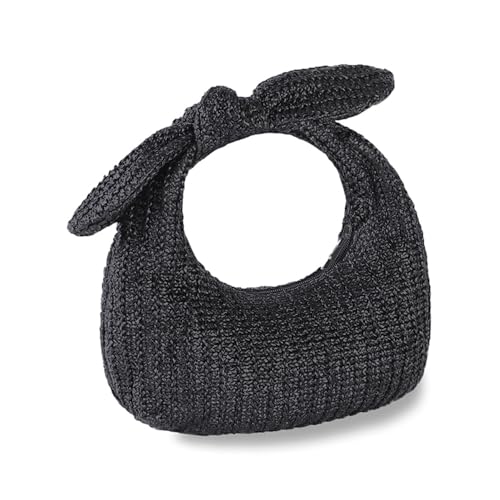 Huralona Women Straw Woven Clutch Purse Pleated Handbag for Summer Beach Vacation Straw Shoulder Crossbody Bag - color: Black4