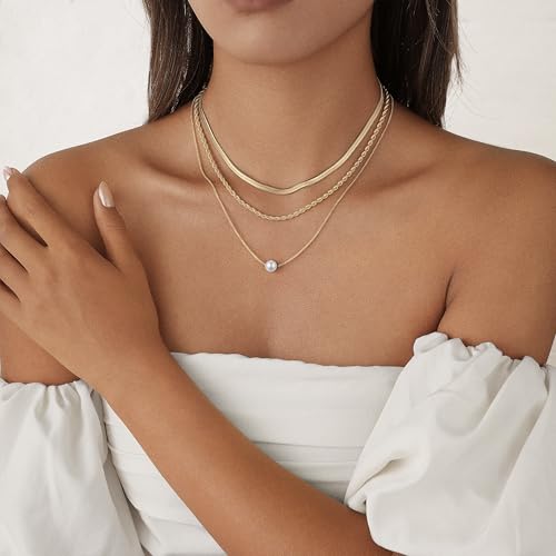 Layered Gold Necklace for Women Trendy 14K Gold Plated Heart CZ Pendant Layered Gold Necklaces Set Coin Choker Necklaces Simple Circle Cubic Zirconia Pearl Necklace Stack Herringbone Paperclip Chain Jewelry Set - style: 3PCS-Snake chain + Pearl-GD