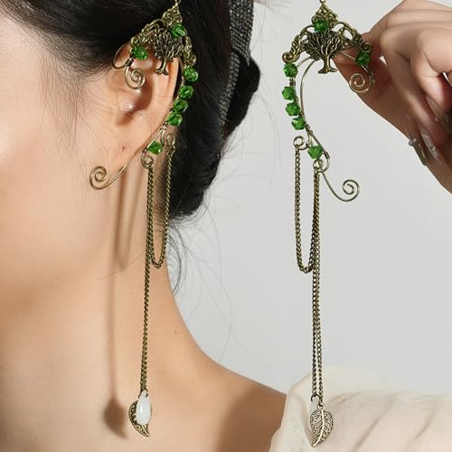 Elf Ear Cuffs, OwMell Handcraft Silver Pointed Fairy Elven Cosplay Fantasy Costume Bridal Wedding Earrings for Non Pierced Ears - style: Tree & Green Beads