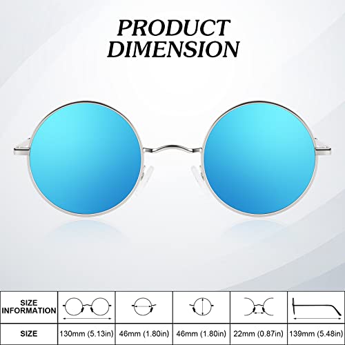 Round Polarized Sunglasses Men Women,Retro Metal Hippie Shades with 100% UV Protection - color: A09- Silvery Frame Blue Lens