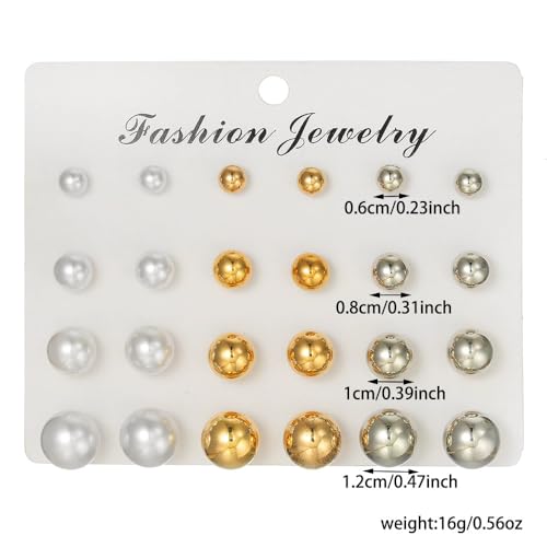 Multi-Color Stud Earrings Set for Women- Several Sizes Colors Rhinestone Faux Pearl Earrings, Daily Wear/Party Jewelry, Hypoallergenic Posts - style: 12 pairs Pearl