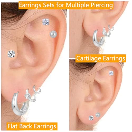 Silver Gold Plated Surgical Steel Flat Back Earrings for Women Hypoallergenic 14K Gold Plated Stud Huggie Earring Set Fashion Shell Cubic Zirconia Flatback Studs Cartilage Earrings Pack for Multiple Piercing 5/8Pairs - color: 6 Pairs Silver Plated Hoops F