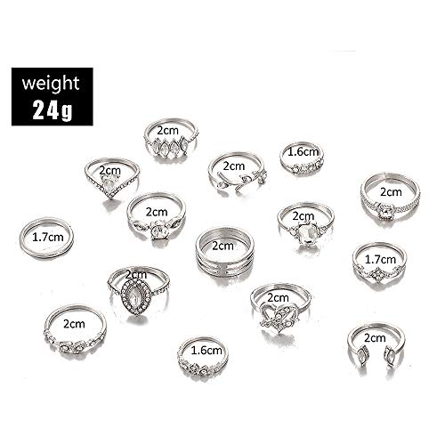 15 Piece Vintage Rhinestone Knuckle Ring Sets.Silver Leaf Pattern Crystal Stackable Ring Joint Nail Ring Midi Finger Ring for Women (Silver)