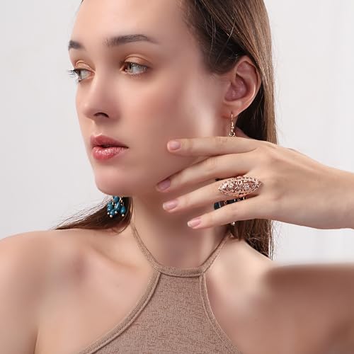 Rings for Women Summer Boho Rings Filigree Flower Ring Chunky Gold Ring Full Finger Rings Wide Band Womens Rings for Cocktail Party Birthday Gifts Statement Rings for Women - color: Rose Gold