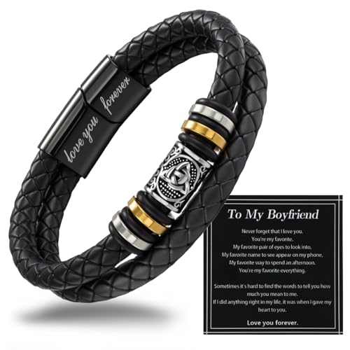 Mens Leather Bracelet,Black Stainless Steel Double-Row Braided Black Stainless Steel Love You Forever Engraved,Baptism Easter Day Gift for Men Son & Grandson - style: For Boyfriend