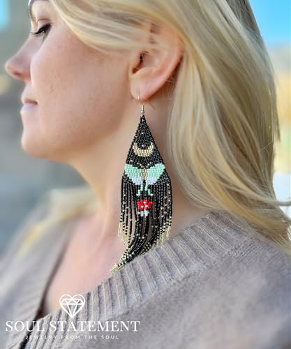 Long Beaded Earrings for Women, Statement Tassel Dangling Earrings, Native American Jewelry Boho Country Colorful Flower Moon Bead Gifts - style: Mystic Moth