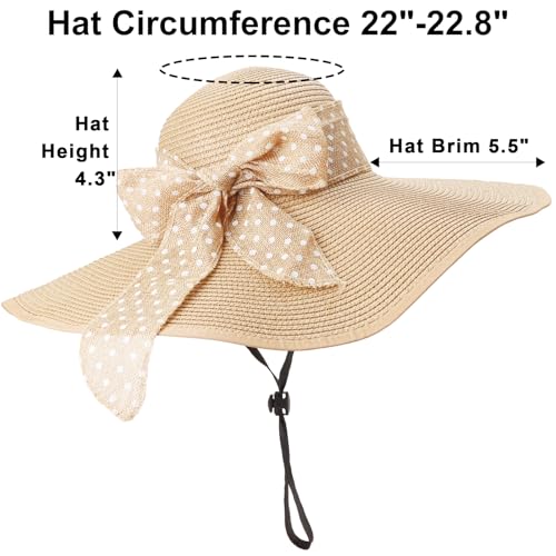 DRESHOW Beach Hats for Women Big Straw Wide Brim Summer Hat Floppy Foldable Roll up Cap Sun Hat UPF 50+ - color: 1 Pc：beige+white Dot Hat, 4.7" Brim
