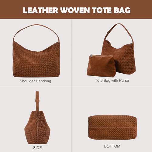 Leather Woven Tote Bag for Women, Vintage Suede Woven Hobo Bag, Large Crossbody Shoulder Slouchy Handbag - color: Brown
