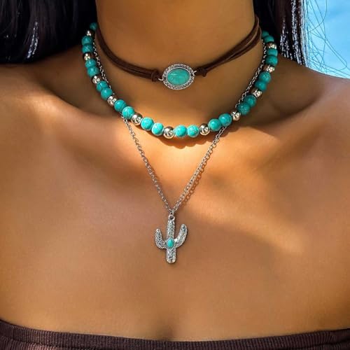 Layered Western Necklace Turquoise Beaded Choker Necklaces Cactus Pendant Necklaces Jewelry Accessories for Women
