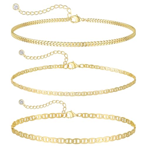 MIDEEO Gold/Silver Ankle Bracelets for Women,14K Gold Anklets for Women Waterproof Cuban Link Heart Beads Herringbone Rhinestone Anklets Set Layered Anklet Bracelets for Women Gold Jewelry Gift - style: 3Pcs Anklets D-Gold