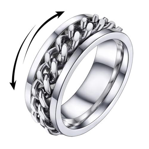 U7 Stainless Steel Mens Rings,7mm Gold/Black/Silver Chain Rings Fidget Spinner Ring Anxiety Ring for Men Women,Size 6-14 - color: Inlaid Chain Ring-Stainless