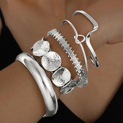 iF YOU Gold Bangle Bracelets for Women, Dainty Knot 14K Gold Plated Multi Layer Bangle Cuffs, Personalized Boho Chunky Bracelets for Women Jewelrys Set Gifts - color: silver-01
