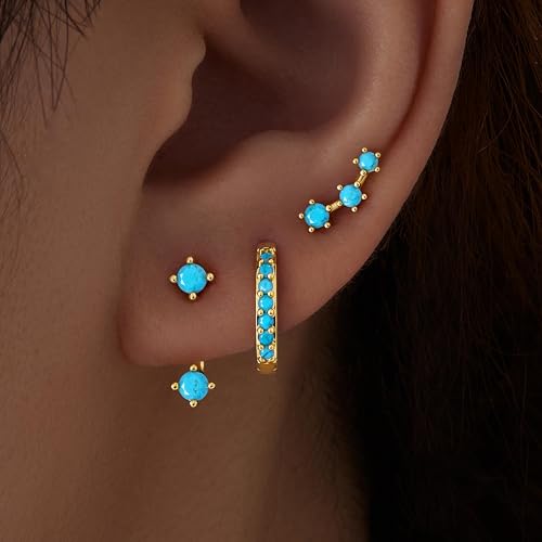 3 Pairs Dainty Small 4th of July Earrings for Women Trendy, Birthstone Stud Huggie Hoop Jacket Stack for Cartilage Helix, Gold Plated Hypoallergenic Cute Women Fashion Accessories Western Jewelry Gifts - color: Created Turquoise (Gold)