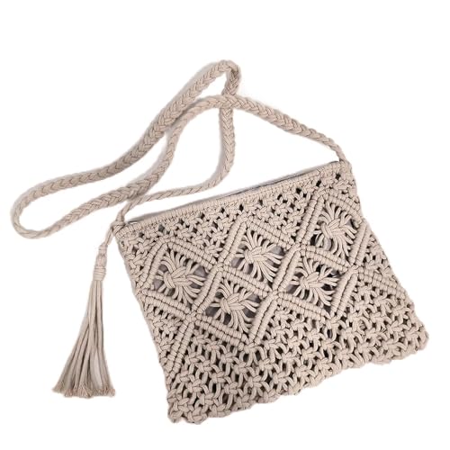 Eiyye Handmade Crochet Purse Boho Cotton Rope Crossbody Shoulder Bag with Tassel Casual Bag for Women - color: Light Khaki