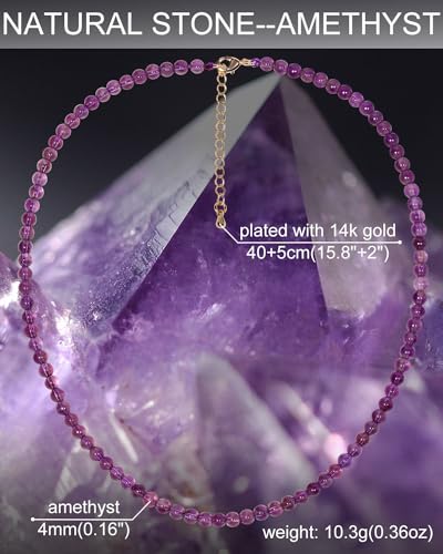 Simple Choker Necklace for Women Real Stone and Crystals Necklaces 4mm Beaded Choker Jewelry Meditation Gift for Women (16"+2") - style: Amethyst