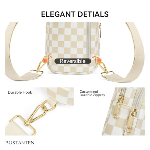 BOSTANTEN Sling Bag Quilted Crossbody Bags for Women Cross Body Purse Leather Fanny Pack with Adjustable Guitar Strap - color: A-checkered Beige