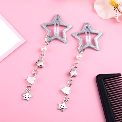 Pndeyo 2pcs Star Tassels Hair Clips for Women, Non-Slip 2000s Y2k Snap Hair Barrettes, Cute Star Beaded Pendant Hair Pin Accessories for Braid Long Short Thin Thick Hair - color: Bling Silver
