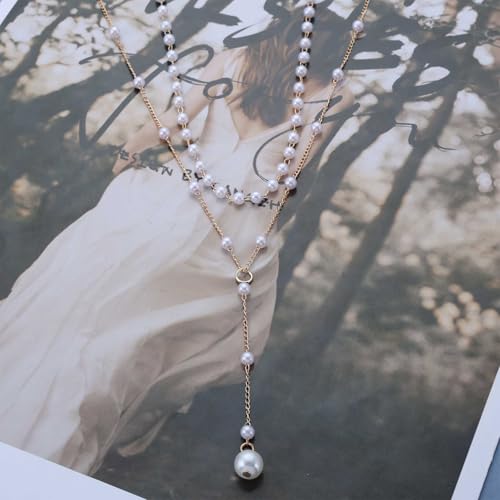 Vintage Pearl Y Lariat Necklace Layered Pearl Choker Necklace Gold Pearl Y Necklace Long Pearl Drop Necklace Wedding Pearl Pendant Necklace Jewelry for Women