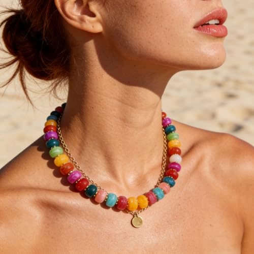 Chunky Beaded Statement Necklace for Women Trendy Colorful Boho Resin Bead Choker Necklaces Summer Handmade Jewelry Gifts Accessories - color: Colorful - 1