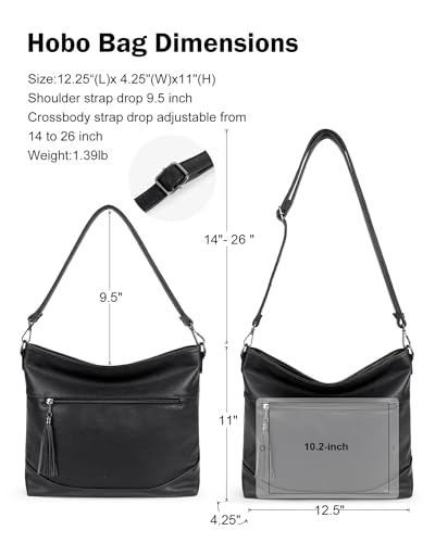 MASINTOR Hobo Crossbody Bags for Women, 2 in 1 Convertible Leather Crossbody Purse Handbags Shoulder Bags with Tassel - color: Black