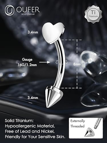 OUFER Rook Piercing Jewelry, G23 Solid Titanium Eyebrow Rings, Heart Vertical Labret Lip Jewelry, 16G Curved Barbells, Daith Rook Earrings for Women Men - color: Silver Heart, size: 16G 8mm