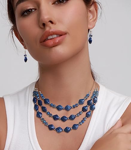 3 Layered Chunky Statement Necklace for Women Beaded Strand Necklaces with Earring Fashion Costumes Collar Necklace Jewelry Sets Gifts for Women - color: Blue